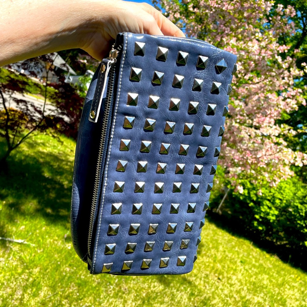 Chinese Laundry’s Slate Blue Pleather Studded Fold Over Clutch